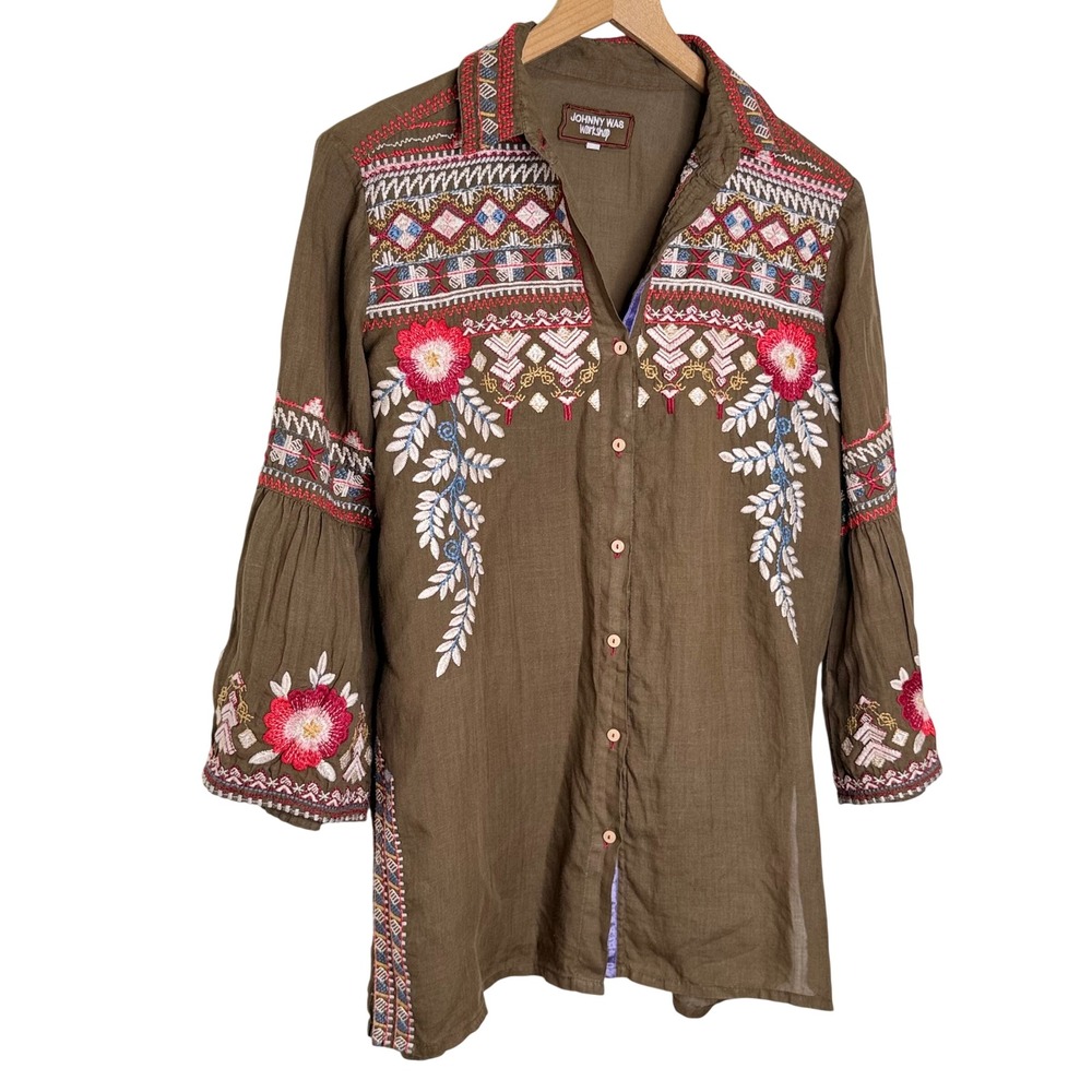 Johnny Was Workshop Embroidered Tunic Brown Boho Artian Festival Peasant Top Sm